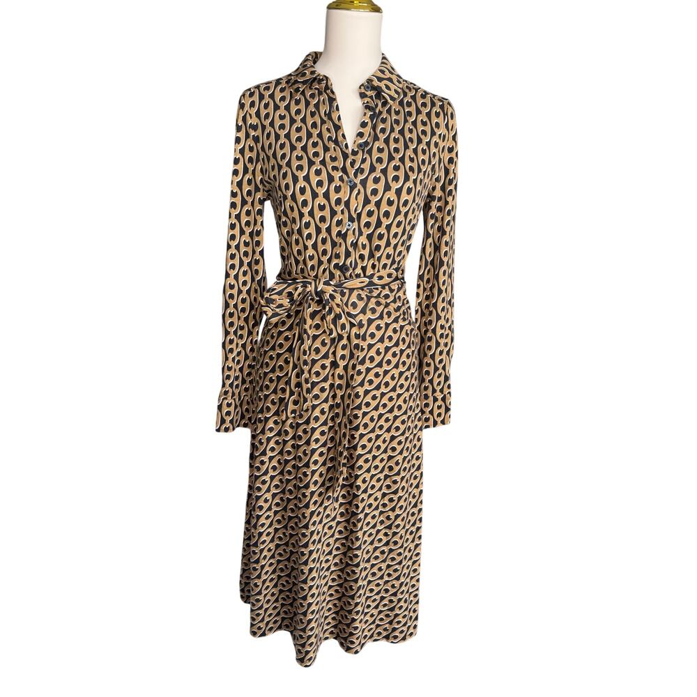 Boden Laura Jersey Midi Shirt Dress Camel Geo Chain Print - Picture 2 of 11